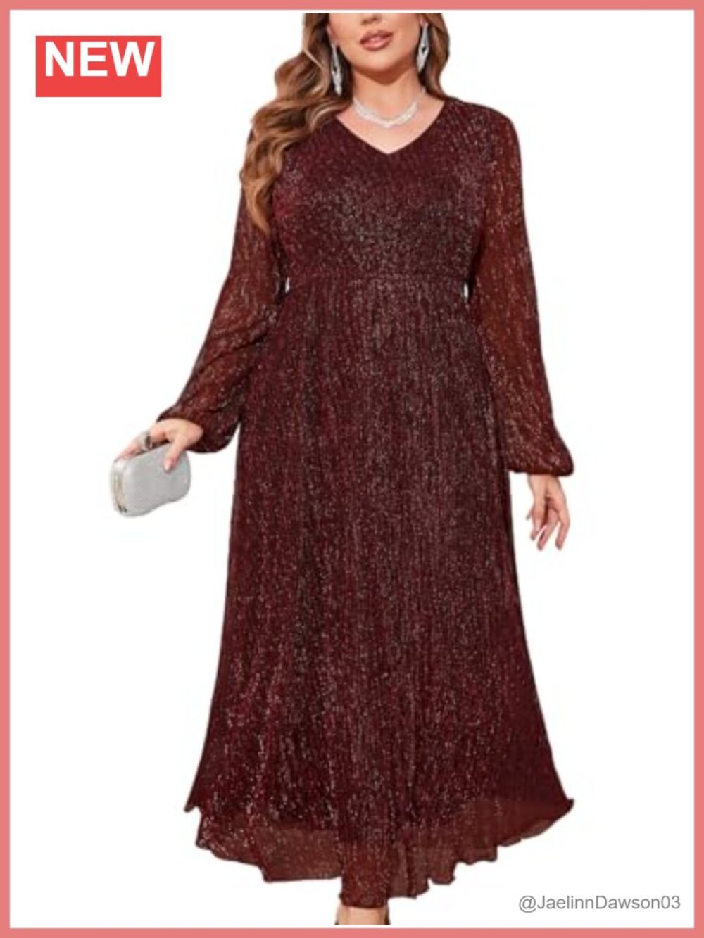 Plus Size Sparkly Mesh Maxi Formal Dress Long Sleeve V Neck A-line Evening Gown